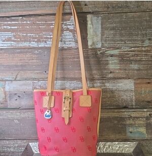 Dooney & Bourke Vintage Red Bucket Tote W/Vachetta Leather Trim EUC
